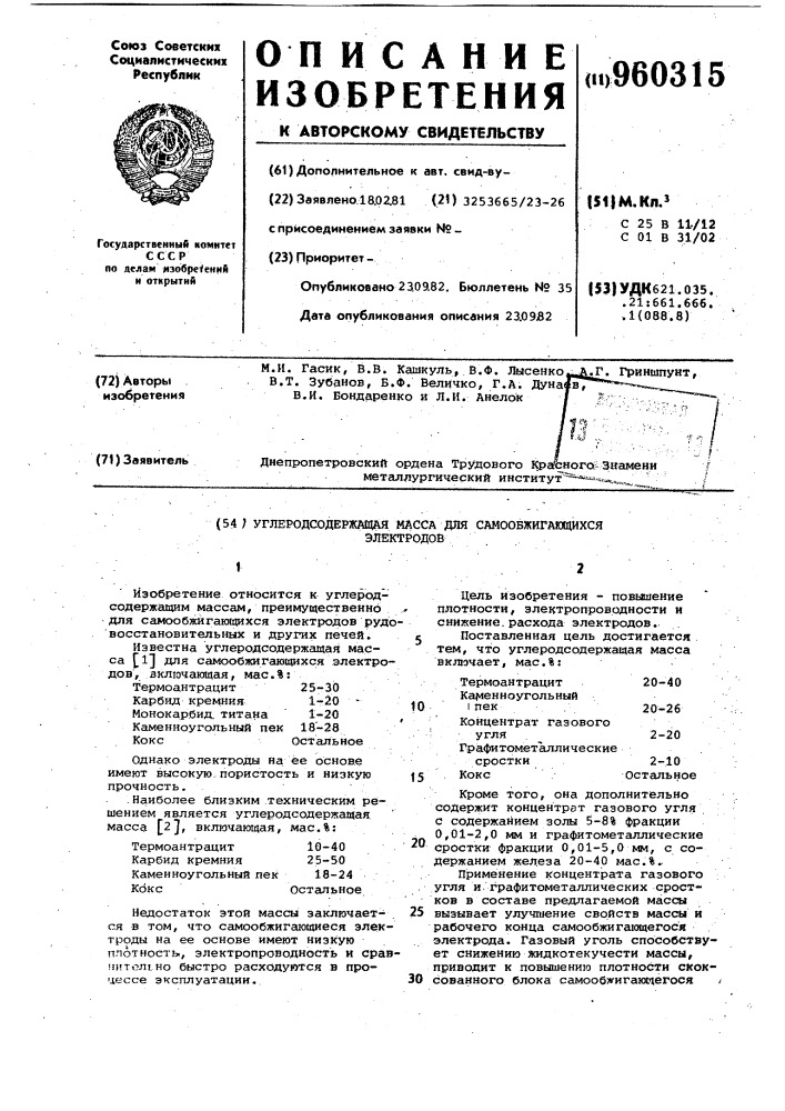 Углеродсодержащая масса для самообжигающихся электродов (патент 960315)