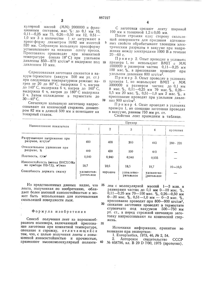 Способ получения лент из порошкообразного полимера (патент 887227)