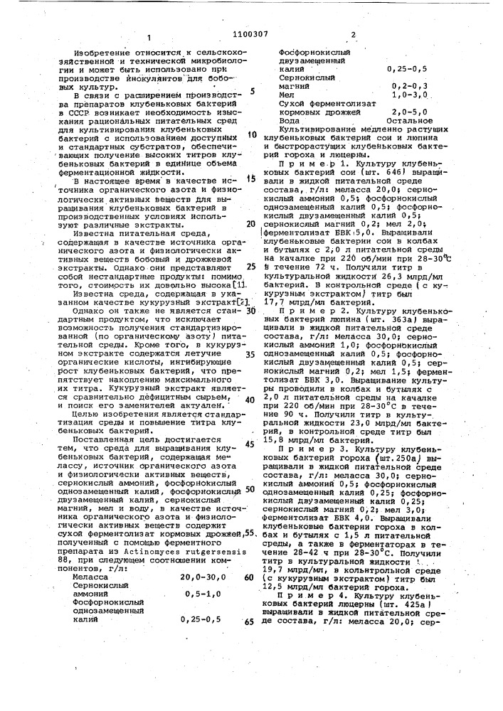 Среда для выращивания клубеньковых бактерий (патент 1100307)