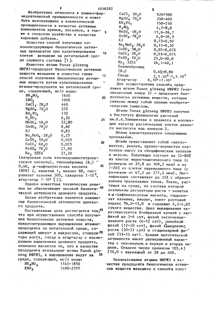 Штамм @ @ ифржз-продуцент биологически активных веществ женьшеня и способ получения биологически активных веществ (патент 1058282)