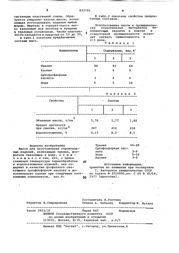 Масса для изготовления строитель-ных изделий (патент 833795)