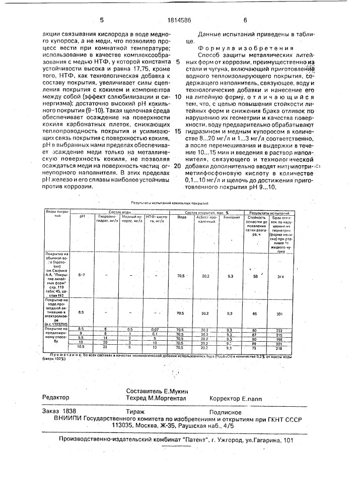 Способ защиты металлических литейных форм от коррозии (патент 1814586)