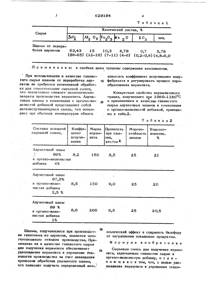 Сырьевая смесь для производства керамзита (патент 629194)
