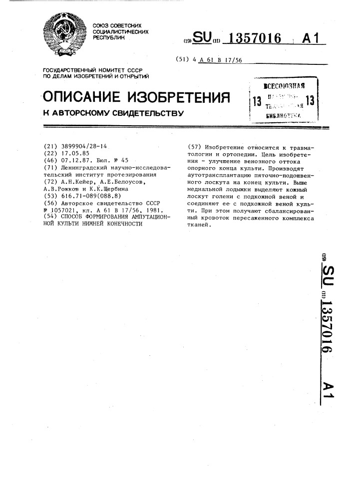 Способ формирования ампутационной культи нижней конечности (патент 1357016)