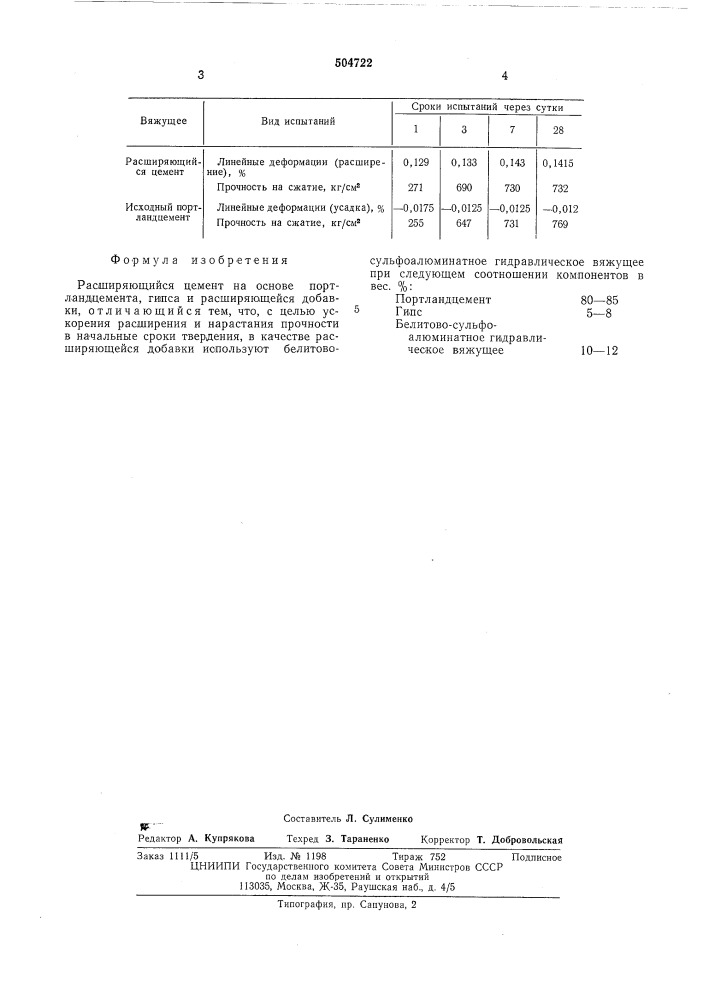 Расширяющийся цемент (патент 504722)