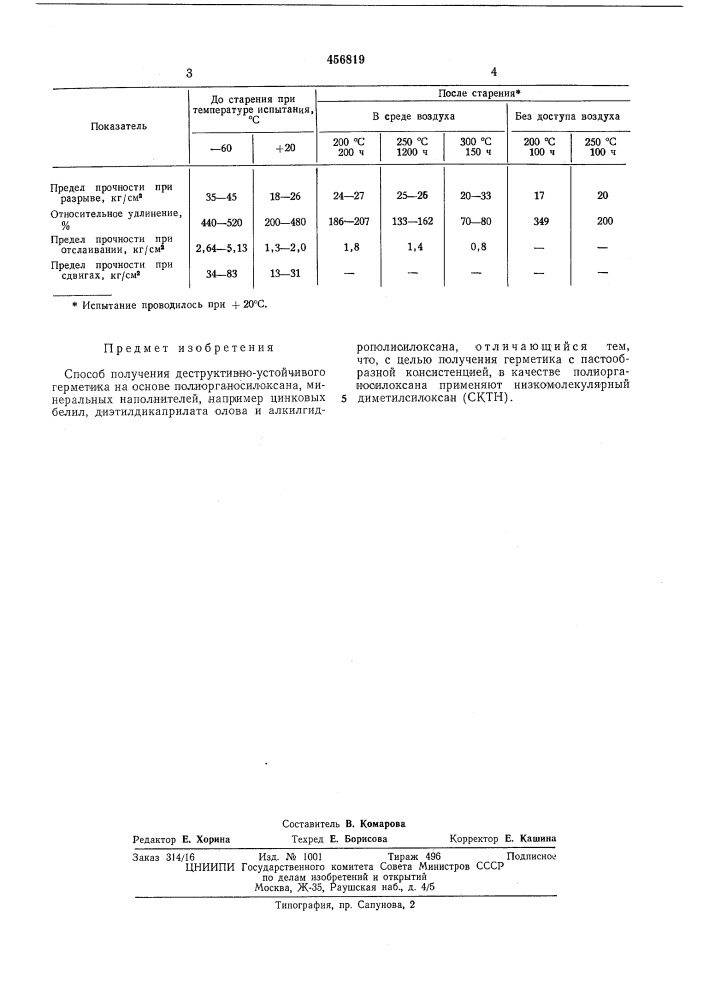 Способ получения деструктивно-устойчивого герметика (патент 456819)