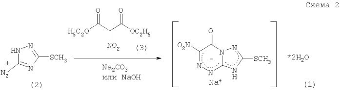 Способ получения натриевой соли 2-метилтио-6-нитро-1,2,4-триазоло[5,1-c]-1,2,4-триазин-7-она, дигидрата (патент 2343154)