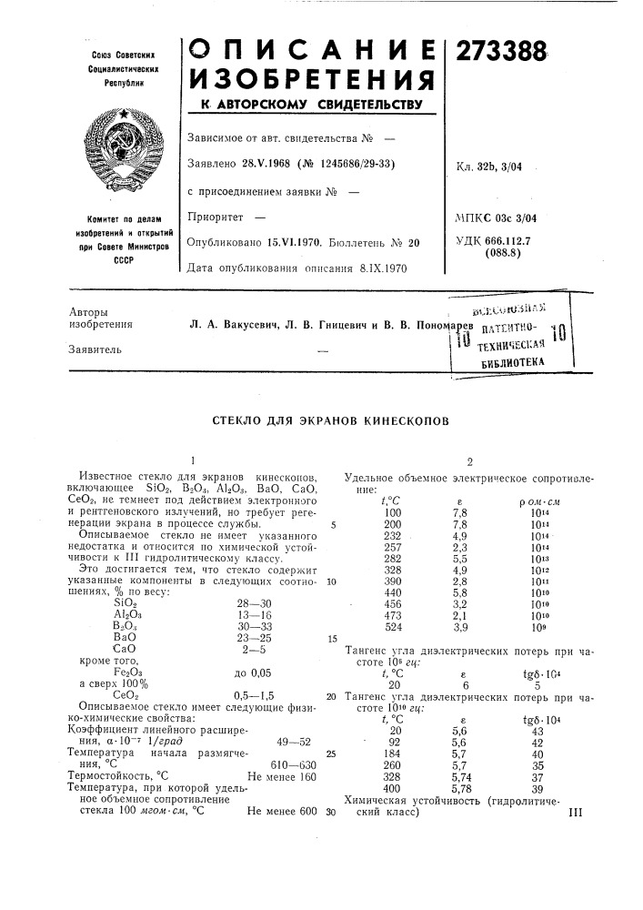 Стекло для экранов кинескопов (патент 273388)