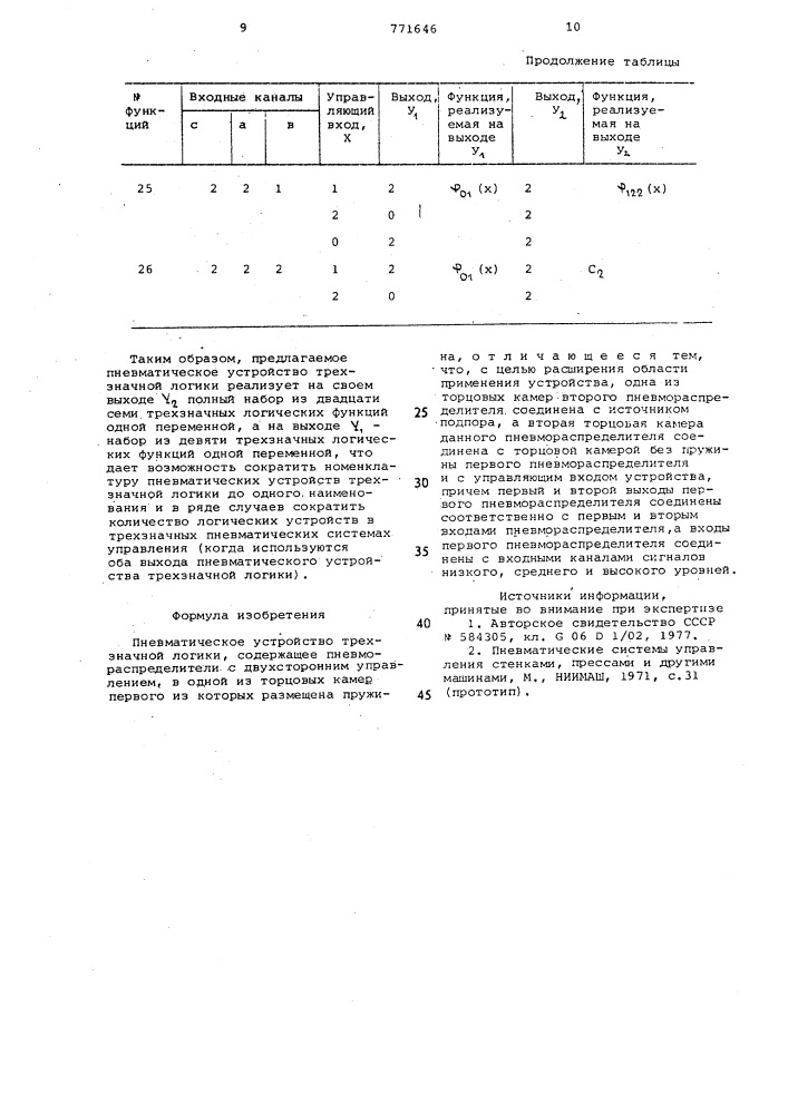 Пневматическое устройство трехзначной логики (патент 771646)