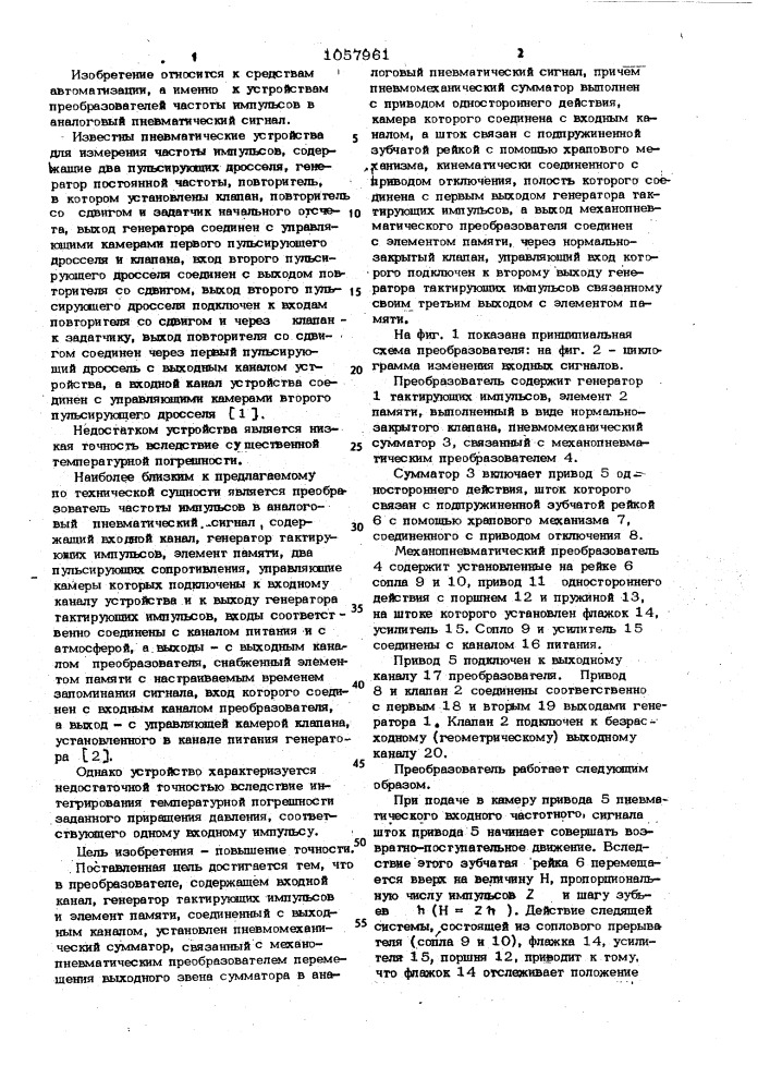 Преобразователь частоты импульсов в аналоговый пневматический сигнал (патент 1057961)