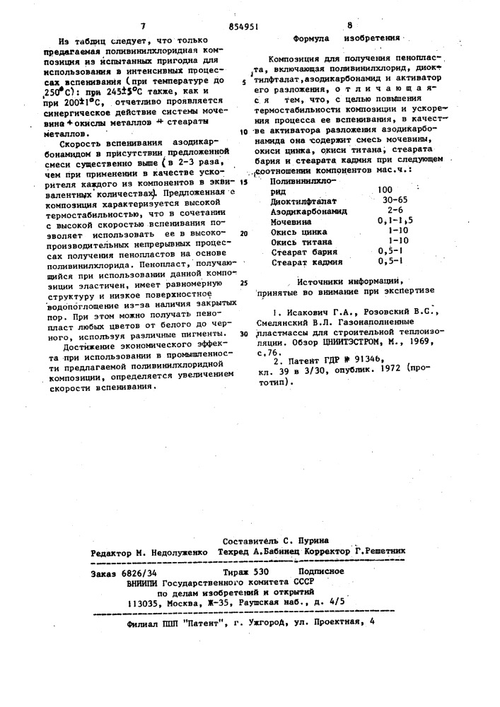 Композиция для получения пенопласта (патент 854951)