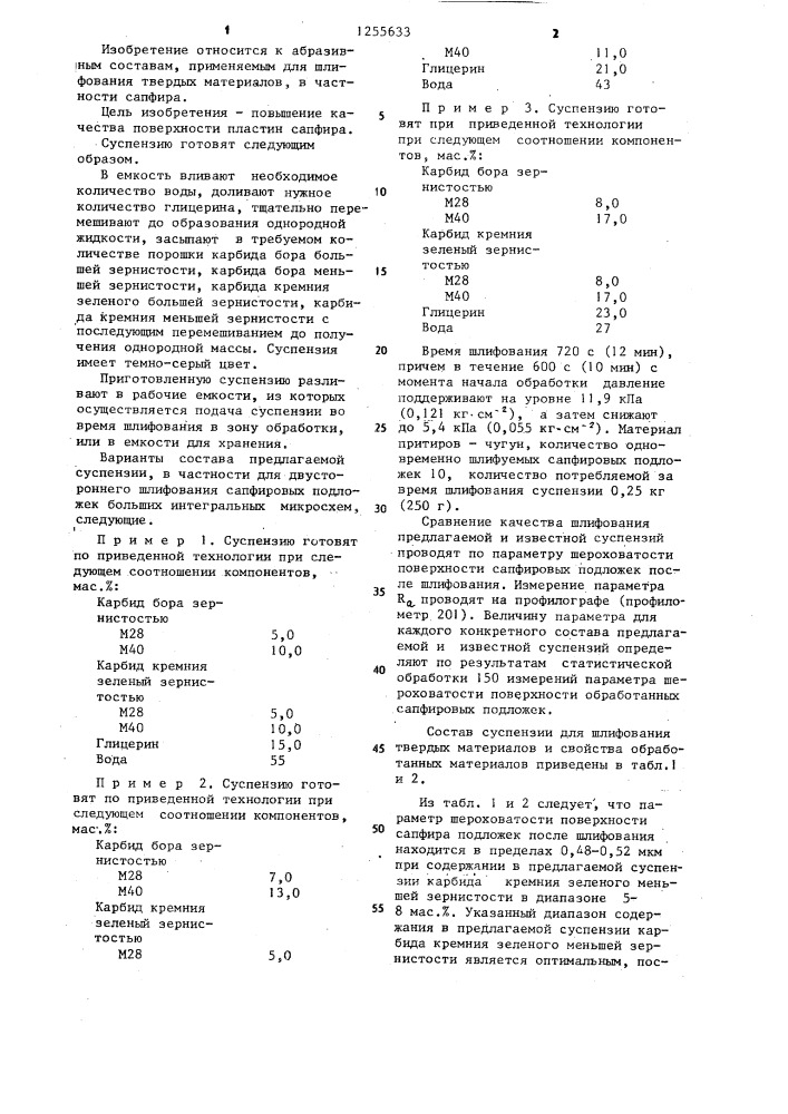 Суспензия для шлифования твердых материалов (патент 1255633)