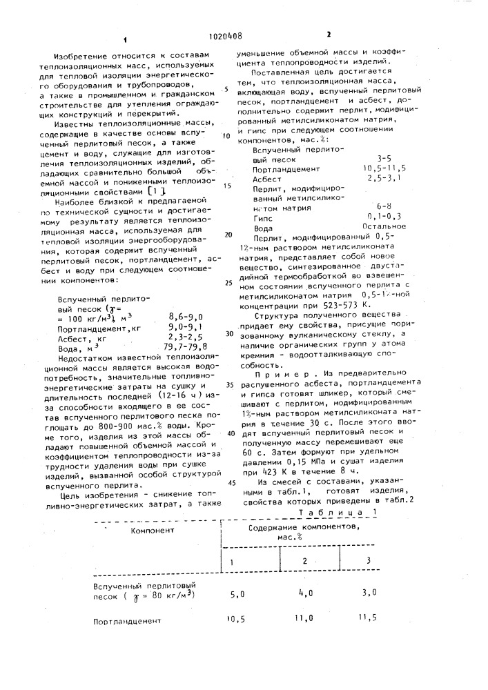 Теплоизоляционная масса (патент 1020408)