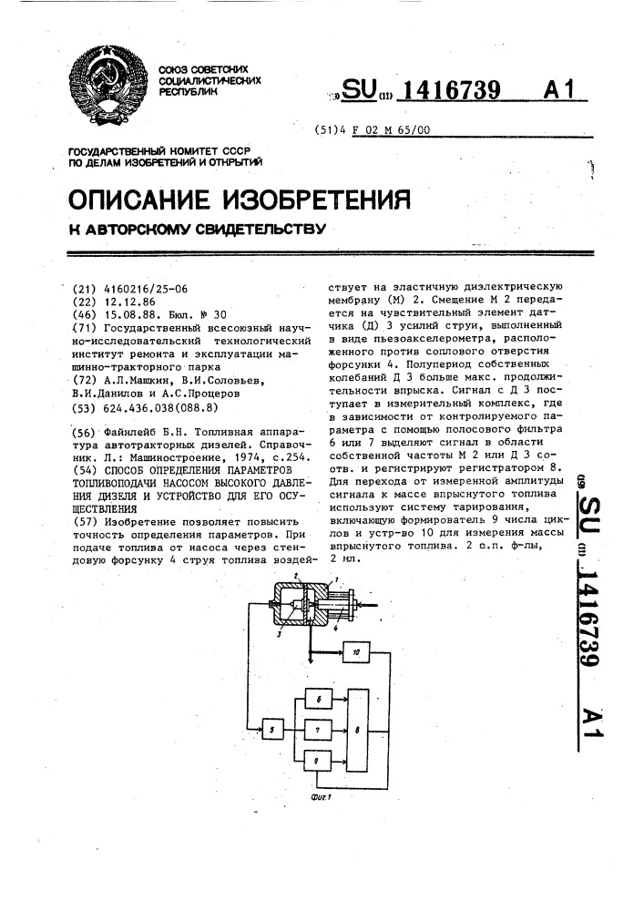 Способ определения параметров топливоподачи насосом высокого давления дизеля и устройство для его осуществления (патент 1416739)