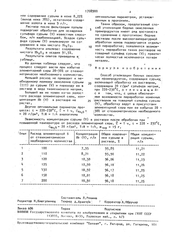 Способ утилизации бедных окисленных промпродуктов, содержащих сурьму (патент 1708900)