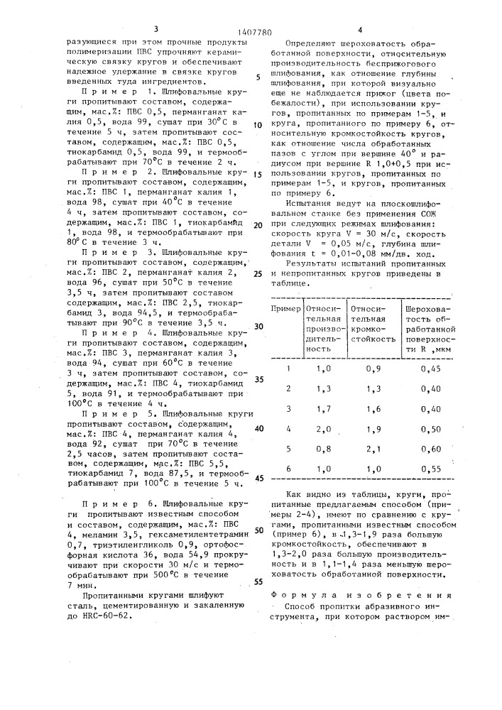 Способ пропитки абразивного инструмента (патент 1407780)