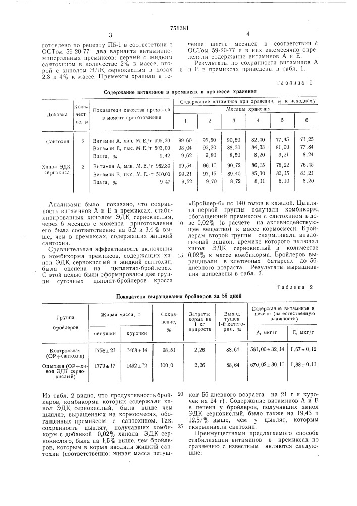 Добавка для стабилизации витаминов в корме (патент 751381)