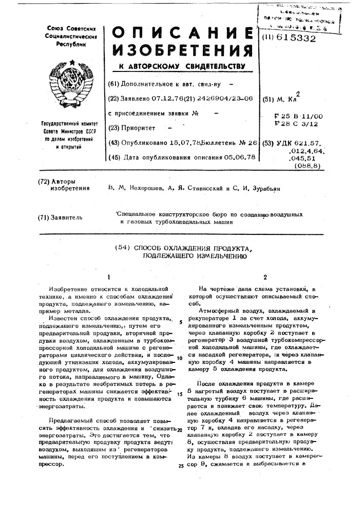 Способ охлаждения продукта, подлежащего измельчению (патент 615332)