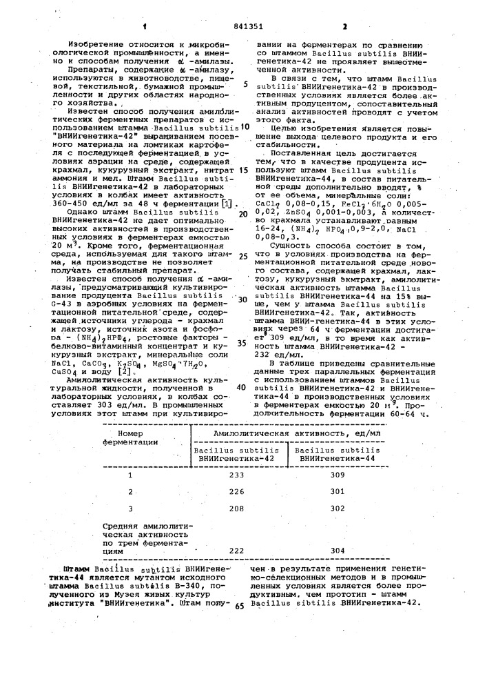 Способ получения @ -амилазы (патент 841351)