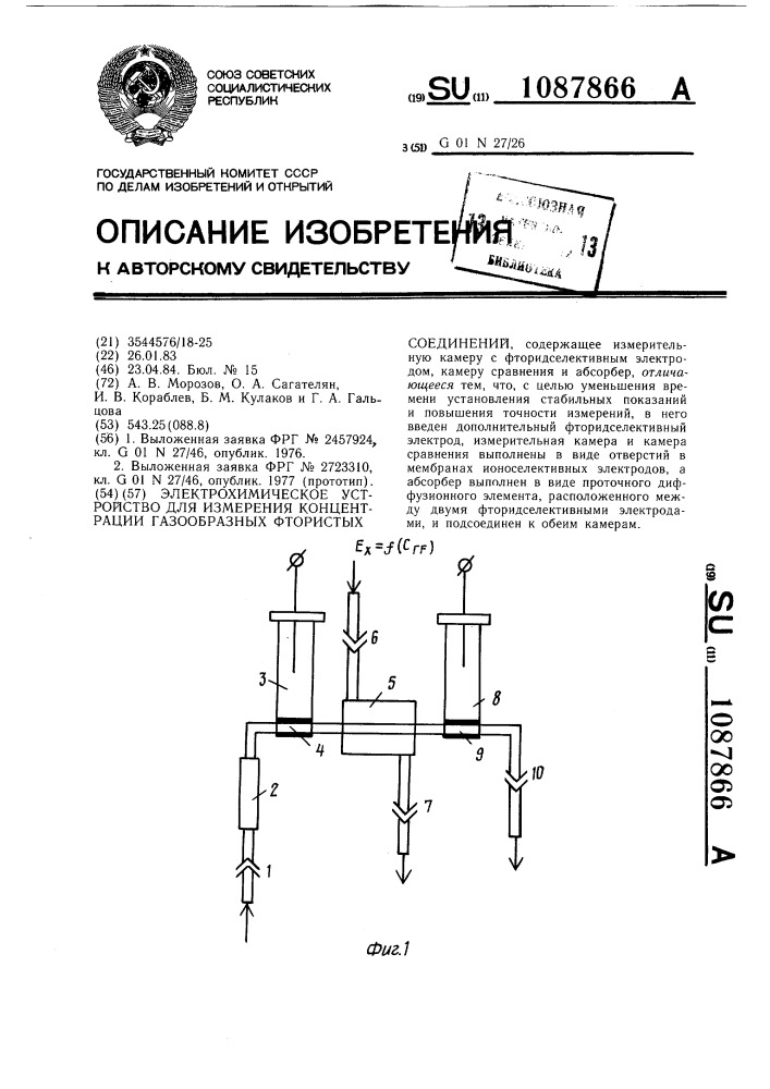 Электрохимическое устройство для измерения концентрации газообразных фтористых соединений (патент 1087866)