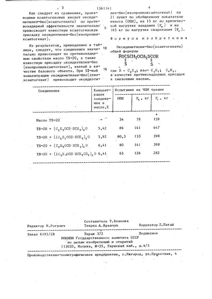 Оксидиметиленбис(ксантогенаты) в качестве противозадирных присадок к смазочным маслам (патент 1361141)