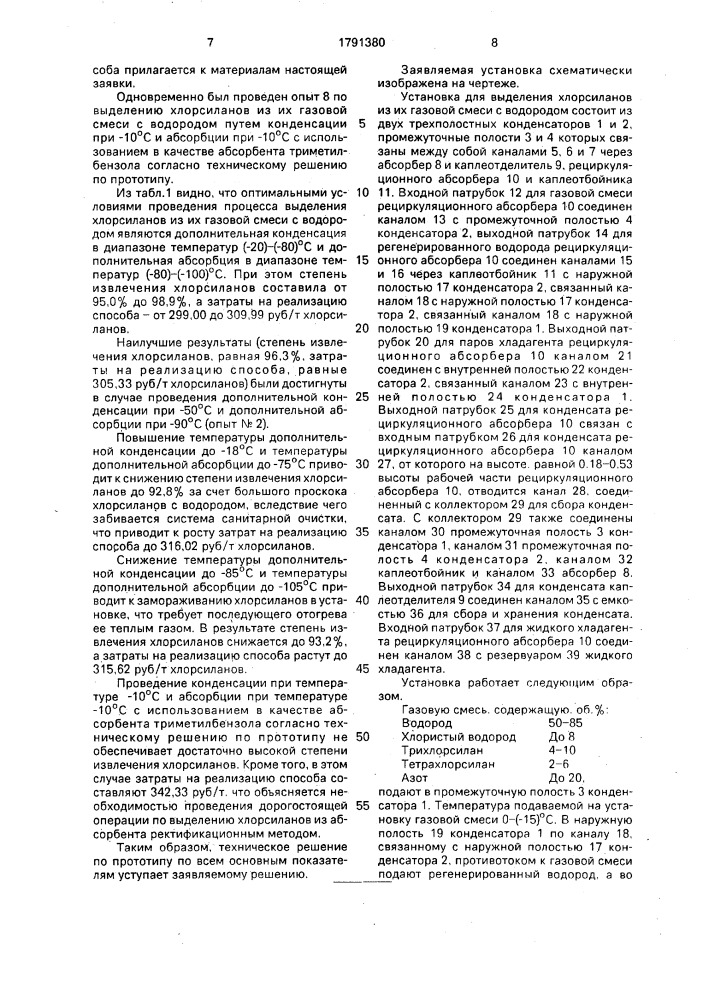 Способ выделения хлорсиланов из их газовой смеси с водородом и установка для его осуществления (патент 1791380)