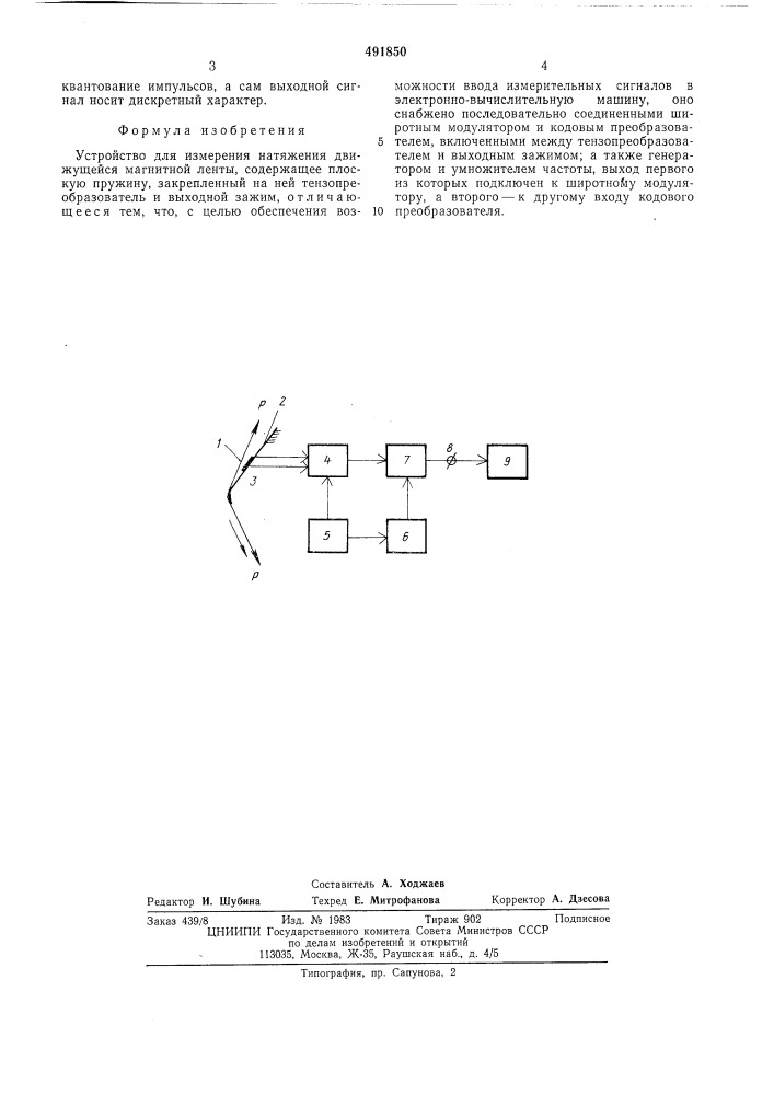 Устройство для измерения натяжения движущейся магнитной ленты (патент 491850)
