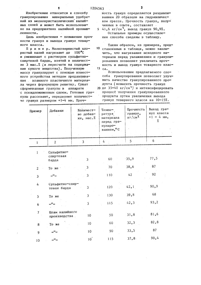 Способ гранулирования хлористого калия (патент 1204563)