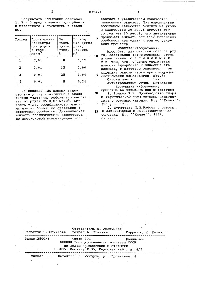 Адсорбент для очистки газа от ртути (патент 835474)
