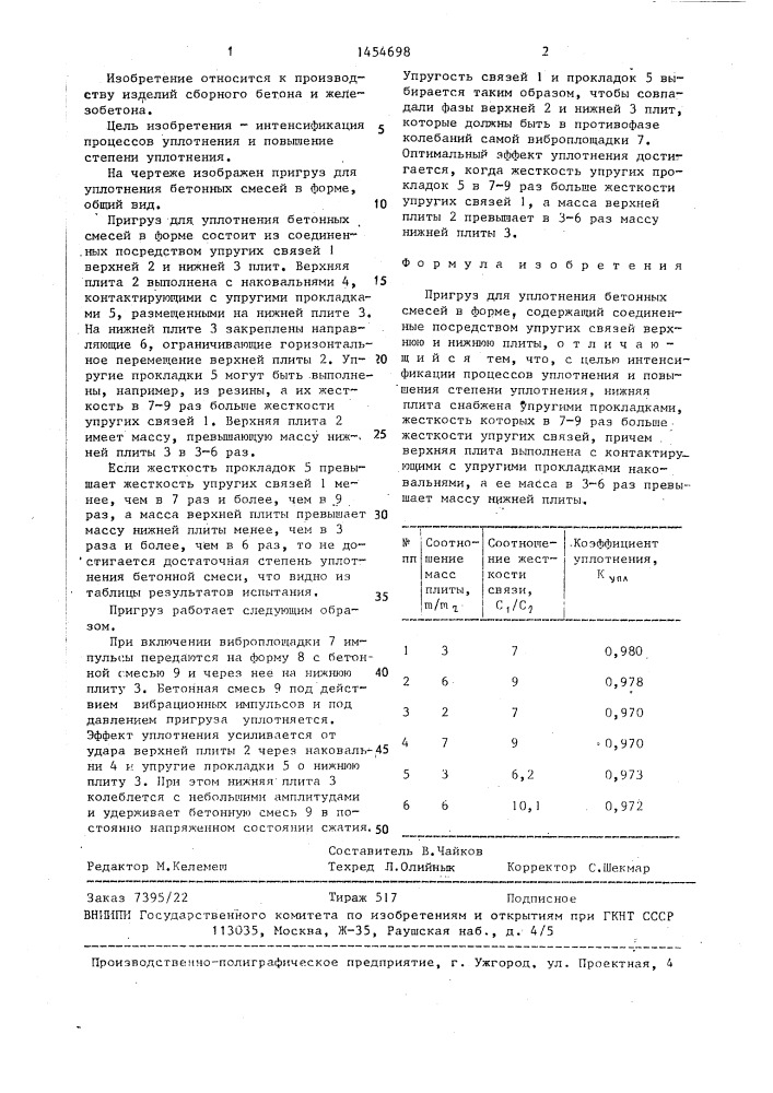 Пригруз для уплотнения бетонных смесей в форме (патент 1454698)