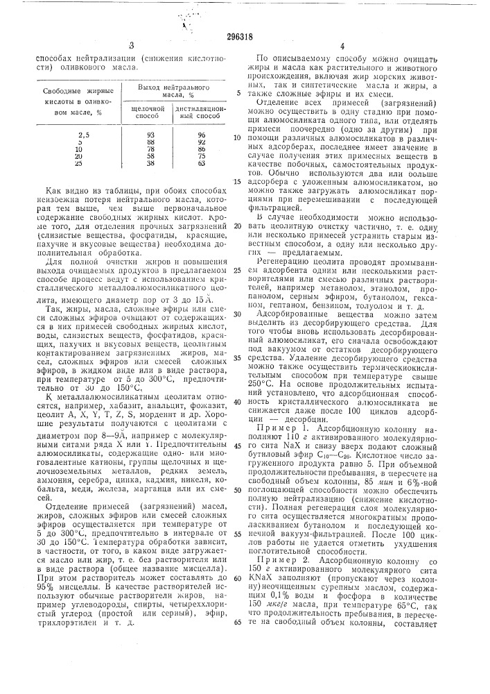 Способ очистки природпых или синтетическихжиров, или сложных эфиров, или смеси сложныхэфиров (патент 296318)