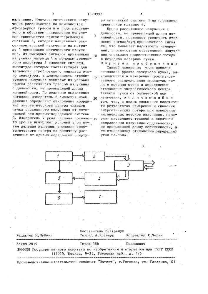 Способ измерения угла наклона волнового фронта лазерного пучка (патент 1520992)