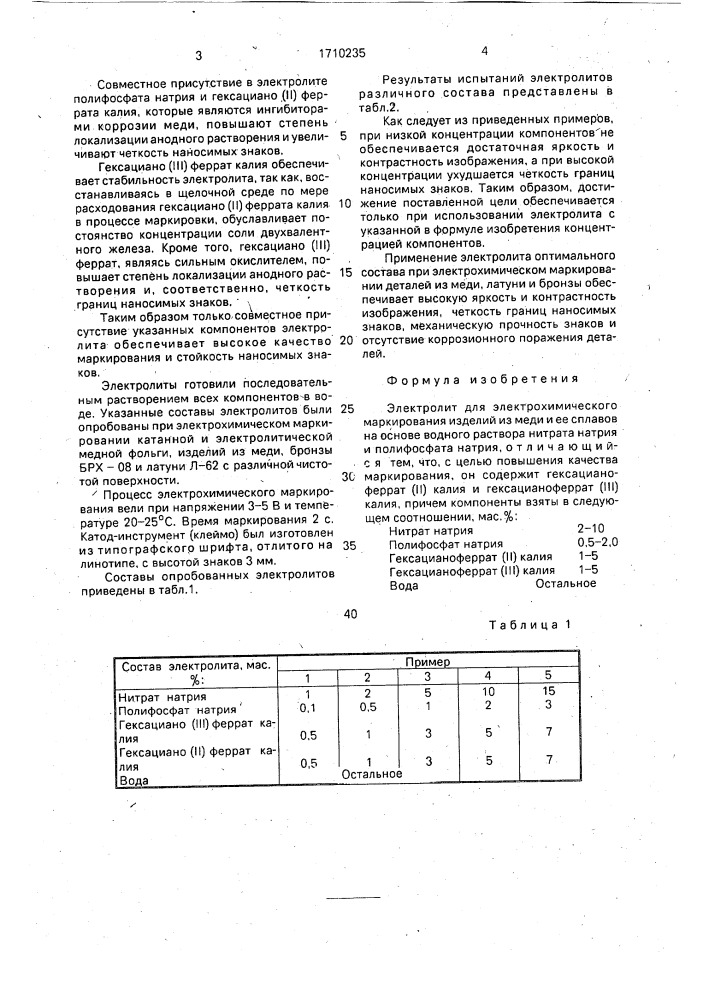 Электролит для электрохимического маркирования (патент 1710235)