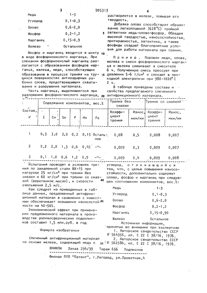 Спеченный антифрикционный материал на основе железа (патент 905313)