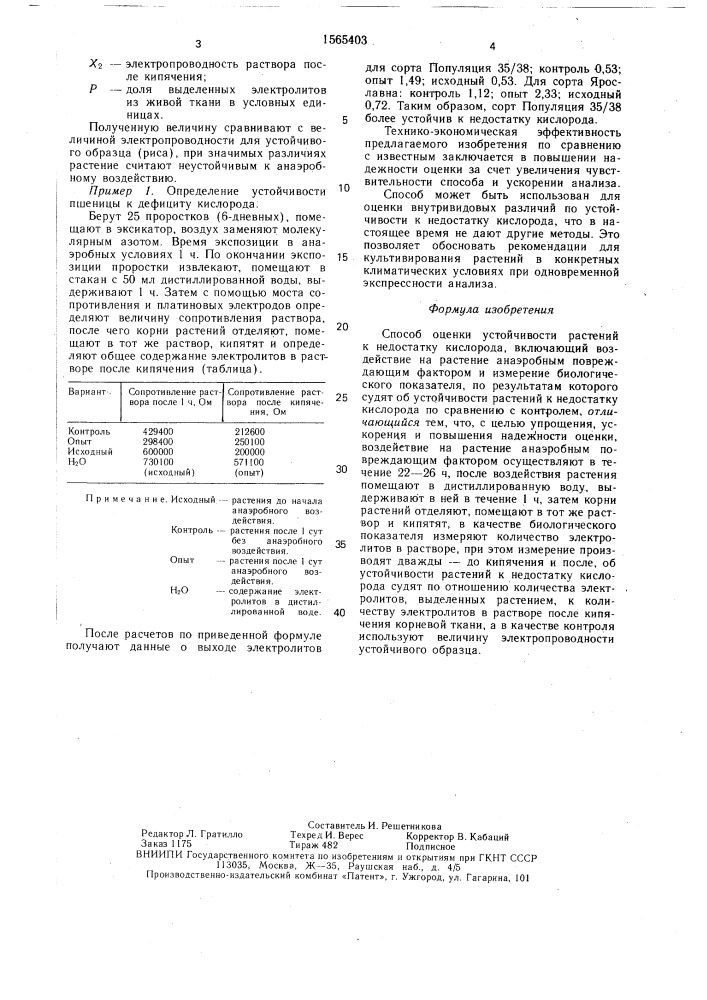 Способ оценки устойчивости растений к недостатку кислорода (патент 1565403)