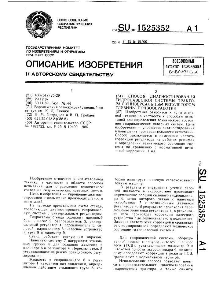 Способ диагностирования гидронавесной системы трактора с универсальным регулятором глубины почвообработки (патент 1525352)