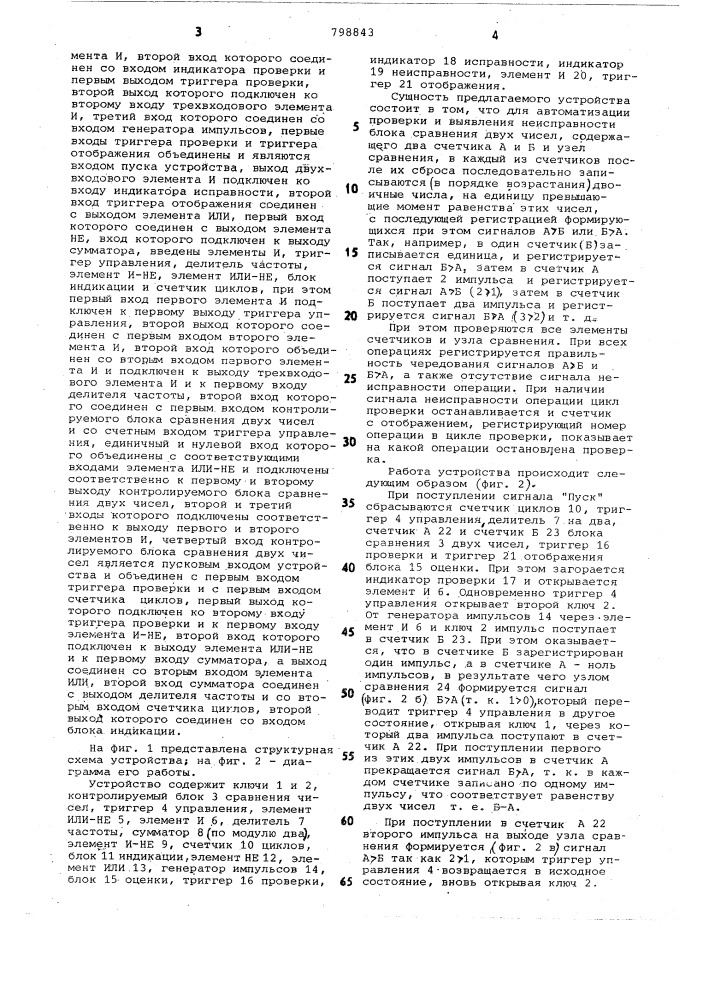 Устройство для контроля блокасравнения двух чисел (патент 798843)