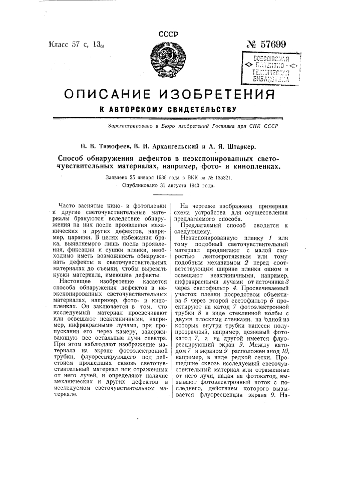 Способ обнаружения дефектов в не экспонированных светочувствительных материалах, например, фотои кинопленках (патент 57699)