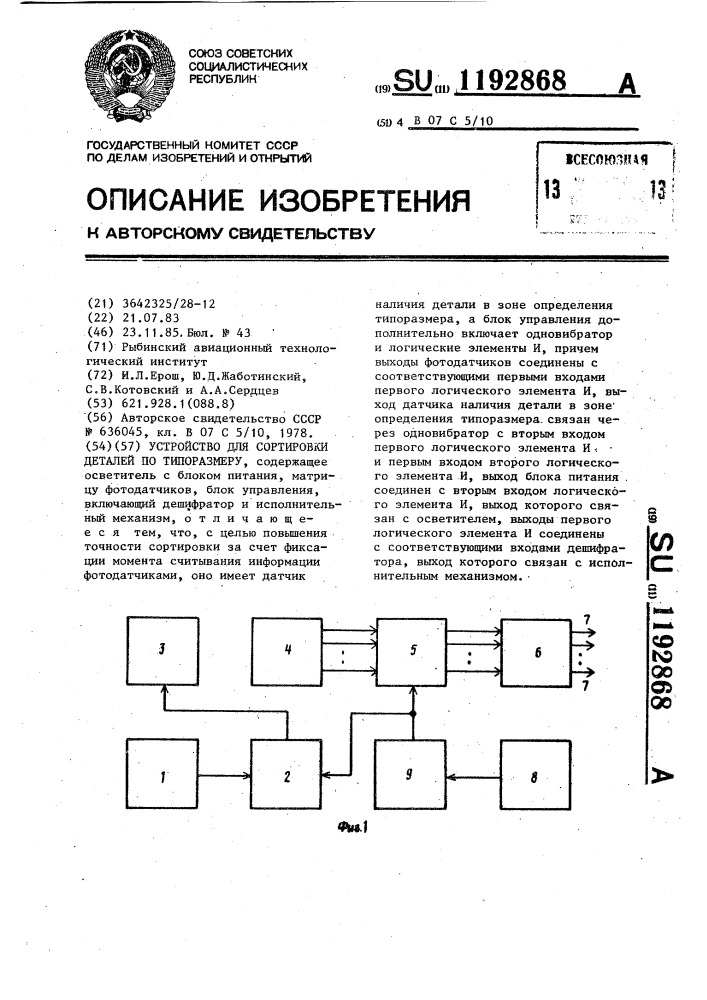 Устройство для сортировки деталей по типоразмеру (патент 1192868)