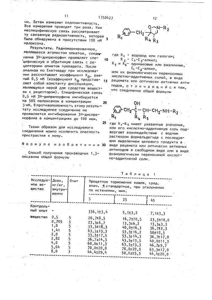 Способ получения производных 1,3-оксазина или их физиологически переносимых кислотно-аддитивных солей в виде рацемата или оптически активных антиподов (патент 1750427)