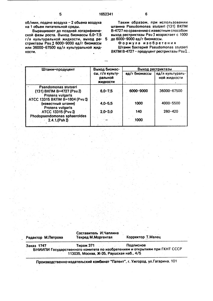 Штамм бактерий рsеudомоnаs sтuтzеri - продуцент рестриктазы psu i (патент 1652341)