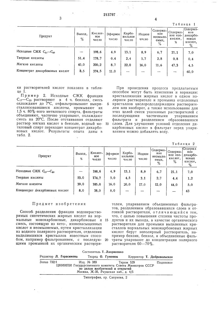 Способ разделения фракции водонерастворимых жирных кислот (патент 213797)