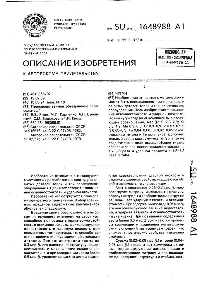 Чугун (патент 1648988)