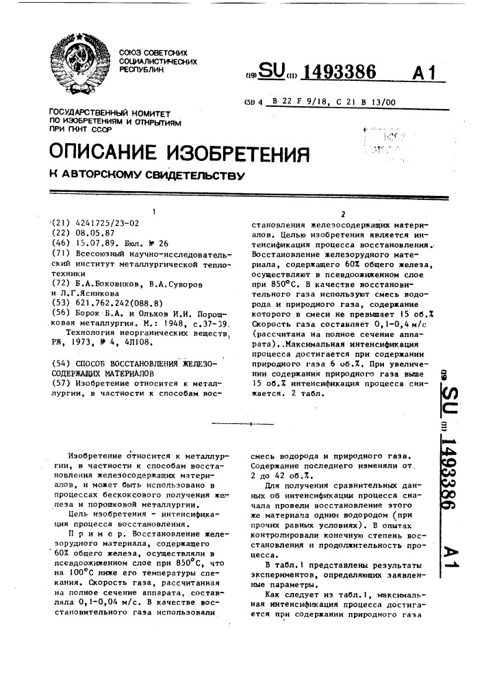 Способ восстановления железосодержащих материалов (патент 1493386)