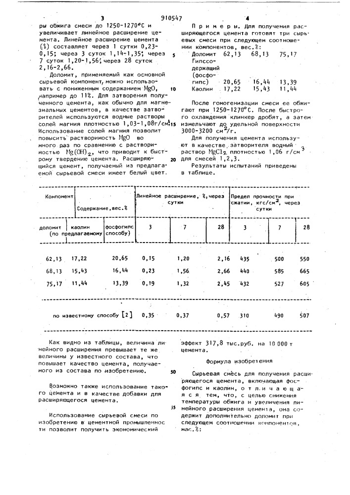 Сырьевая смесь для получения расширяющегося цемента (патент 910547)