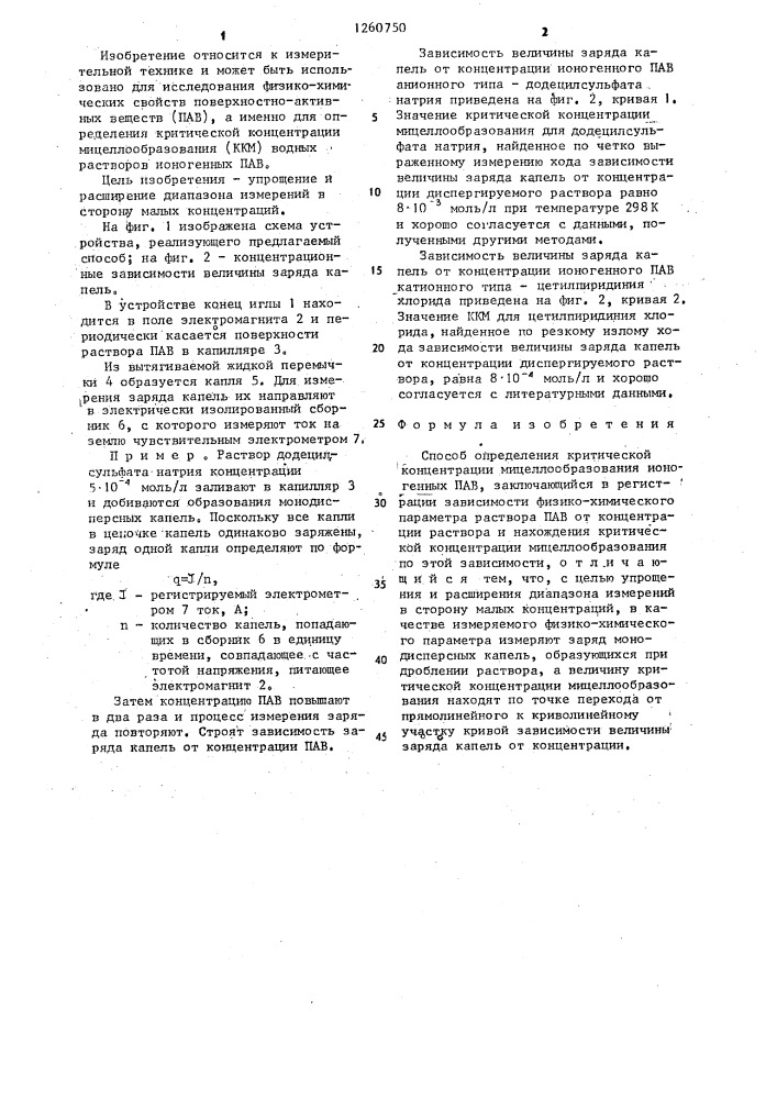 Способ определения критической концентрации мицеллообразования ионогенных пав (патент 1260750)