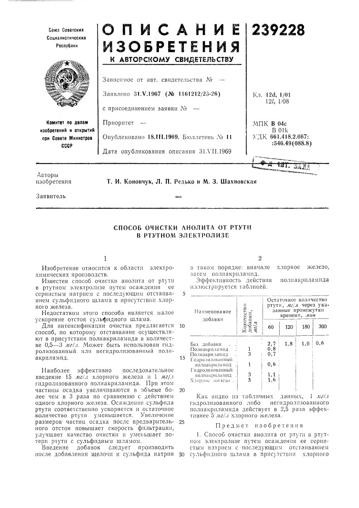 Способ очистки лнолита от ртути в ртутном электролизе (патент 239228)