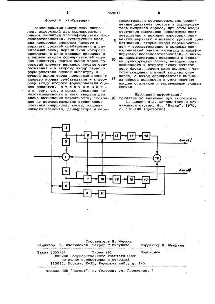 Классификатор импульсных сигналов (патент 869011)