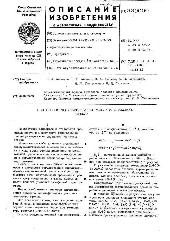 Способ десульфидизации расплава шлакового стекла (патент 530000)