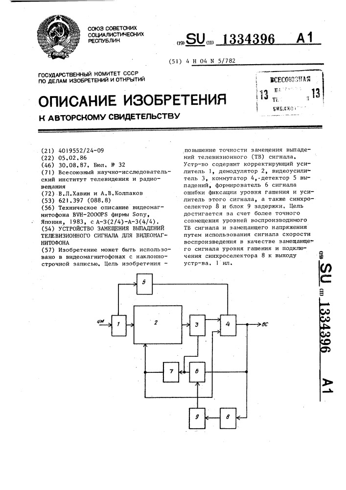 Устройство замещения выпадений телевизионного сигнала для видеомагнитофона (патент 1334396)